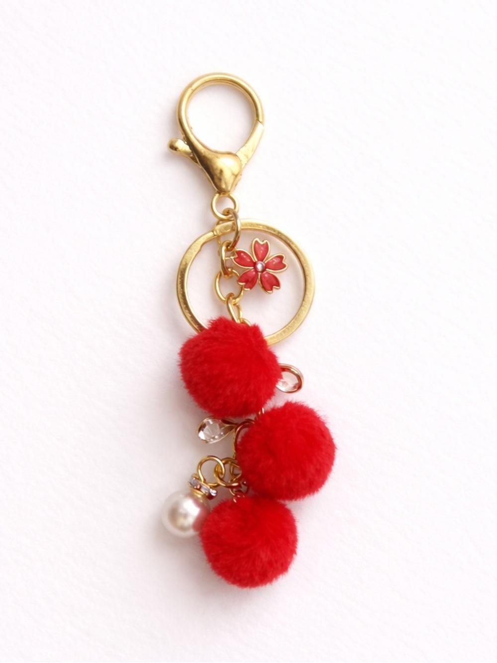 BNWT Handmade Luxury Cherry blossoms. beautiful statement Bag charm (Red) Gold